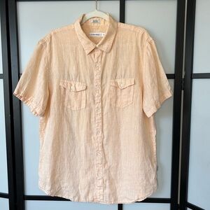 [L] Calvin Klein Men’s Pastel Orange 100% Linen Short Sleeve Button Down Shirt